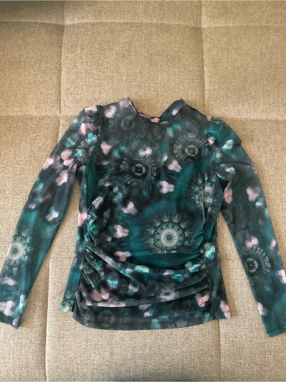 INC International Concepts Teal and Pink Floral-Print Sheer Long Sleeve Top